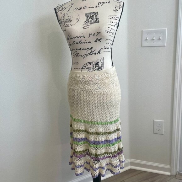 CYNTHIA STEFFE CROCHET SKIRT SZ S BOHEMIAN COTTON TAN LILAC GREEN VERSATILE CHIC - Picture 12 of 16